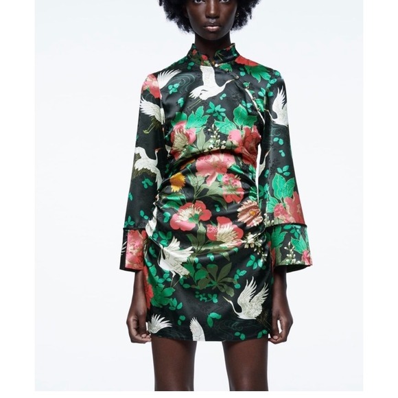 Zara Dresses & Skirts - Zara Oriental Crane Floral Satin Mini Dress Large Cheongsam Qipao Mandarin